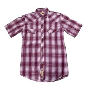 Larry Mahan Western Shirt Men Small Pink Plaid Pearl Snap Short Sleeve Cotton